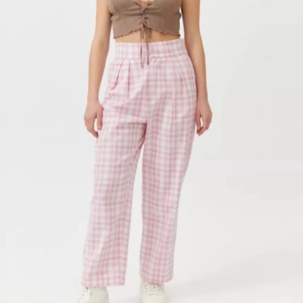 Urban Outfitters Pink Gingham Paige Linen Pleated Pants Medium
